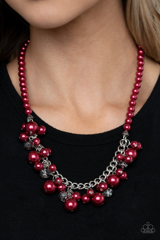 Prim and POLISHED - Red Pearl Clusters/Chunky Silver Chain/Metallic Flecked Crystals Necklace & matching earrings