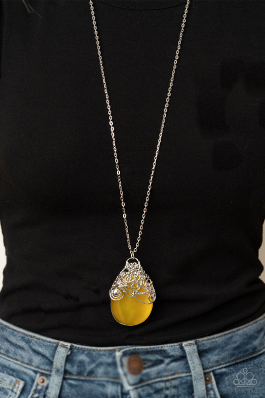 Tangled Gardens - Yellow Oversized Cat's Eye Stone/Twisted Silver Wire Pendant Necklace & matching earrings
