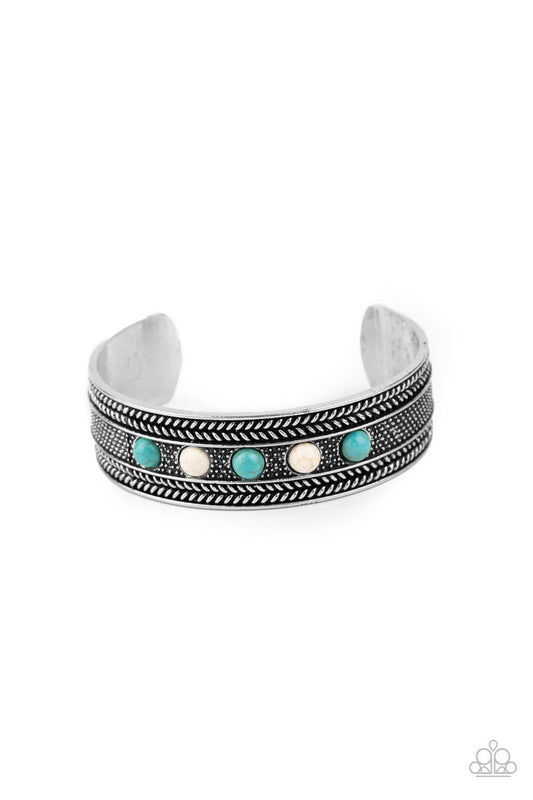 Quarry Quake - Blue/Turquoise & White Stone Beaded Ornate Silver Cuff Bracelet