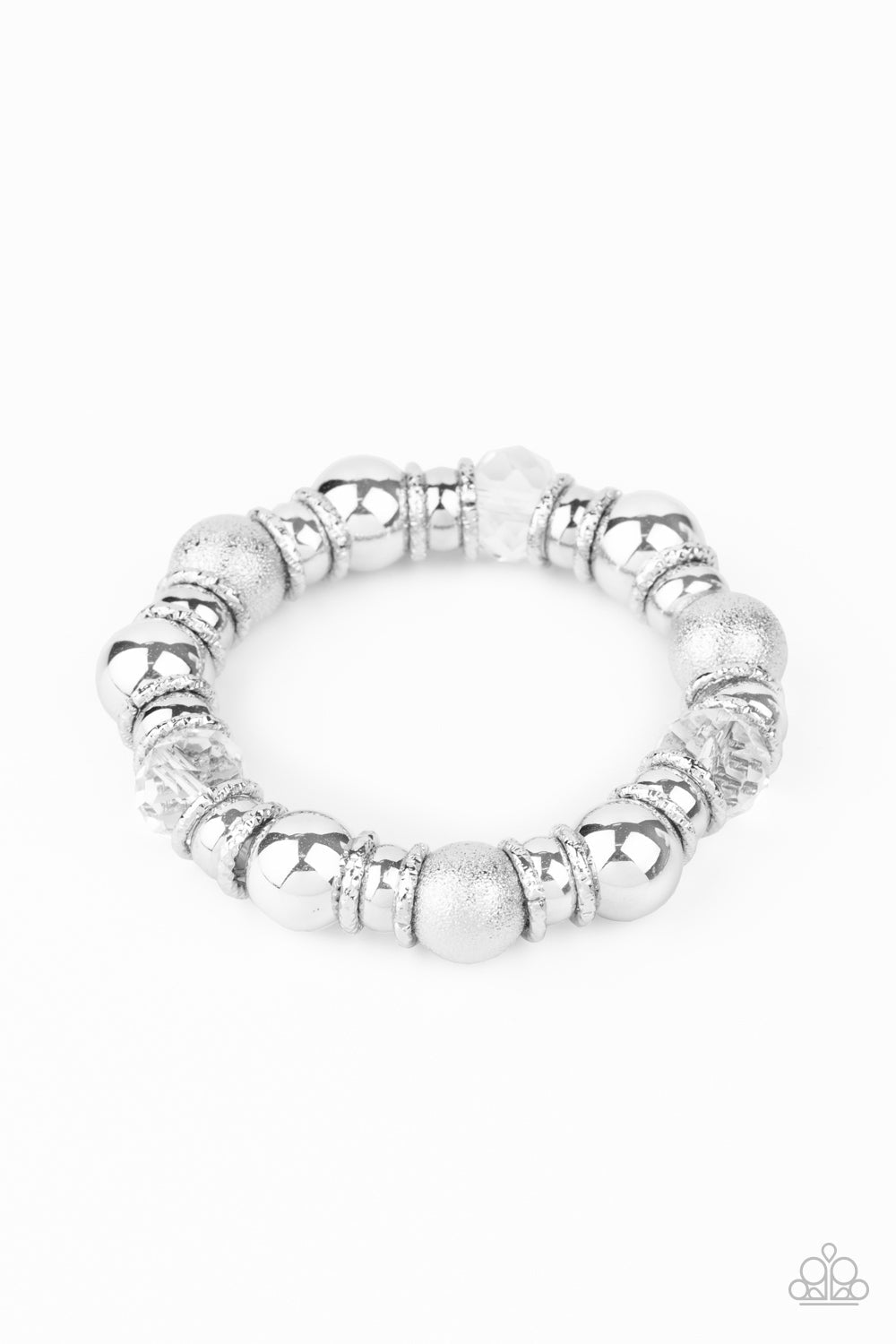Take Your Best Shot - White Crystal-Like Beads/Mismatched Silver Beads & Rings Stretch Bracelet