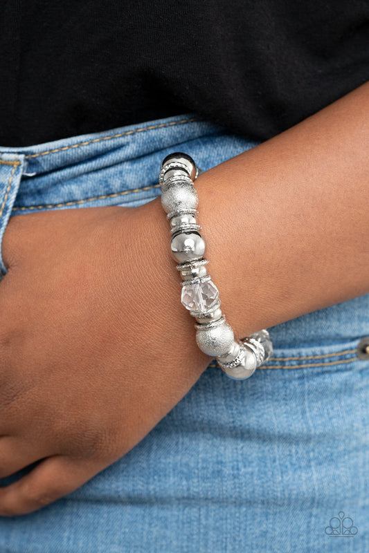 Take Your Best Shot - White Crystal-Like Beads/Mismatched Silver Beads & Rings Stretch Bracelet