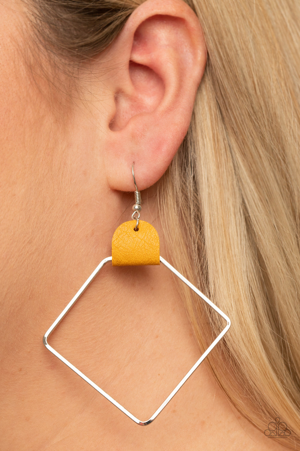 Friends of a LEATHER - Yellow Leather/Airy Geometric Silver Hoop Earrings