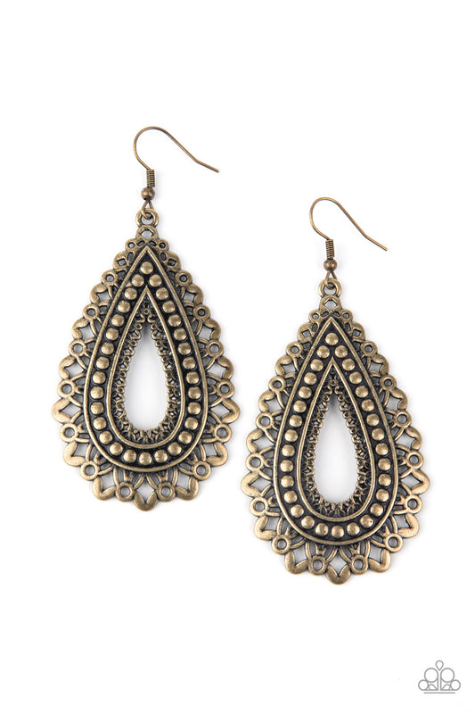 Texture Garden - Brass Petal-Like Textures/Studded Teardrop Frame Earrings