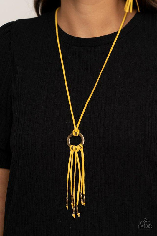 Feel at HOMESPUN - Yellow Suede Rustic Tassel Paparazzi Necklace & matching earrings