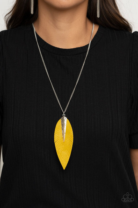Quill Quest - Yellow Leather Leaf Shaped Pendant Paparazzi Necklace & matching earrings