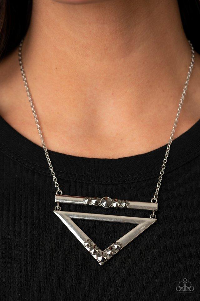 Triangulated Twinkle - Silver Triangular Frame/Hematite Rhinestones Paparazzi Necklace & matching earrings
