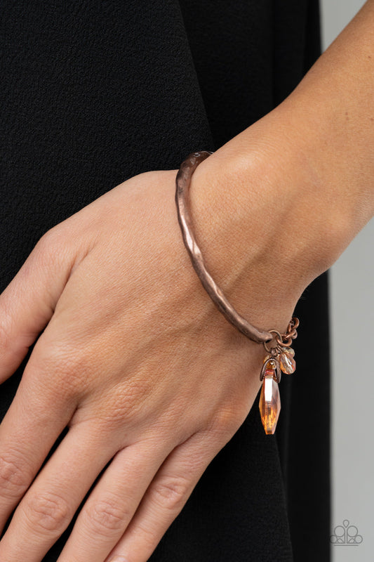 Let Yourself GLOW - Copper Hammered Bar/Copper Chain/Coppery Crystal-Like Beads Adjustable Bracelet