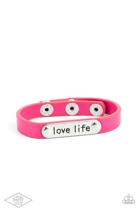 Love Life - Pink Leather & Silver "Love Life" Engraved Plate Paparazzi Snap Bracelet