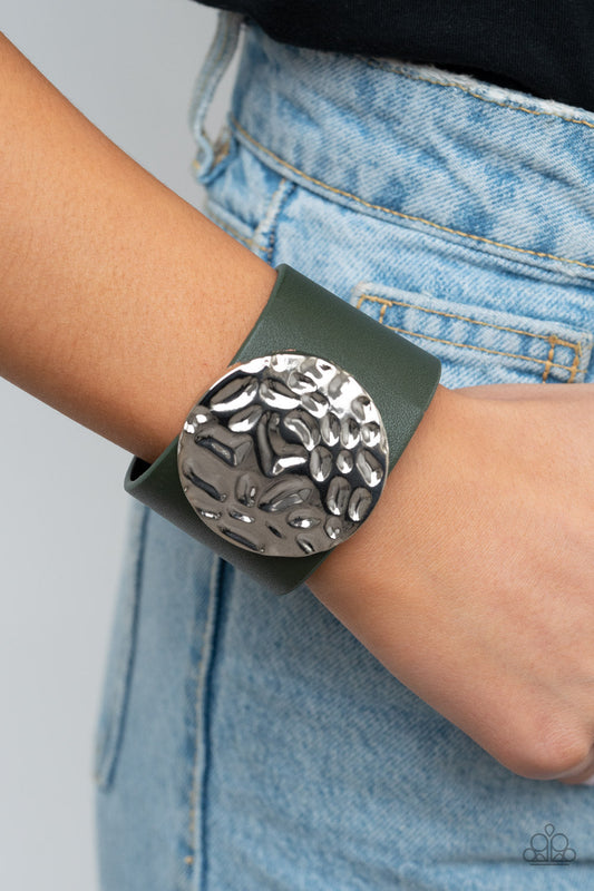 The Future Looks Bright - Green Leather Band/Hammered Silver Disc Snap Bracelet
