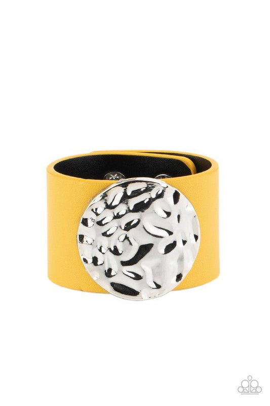 The Future Looks Bright - Yellow Leather Band/Hammered Silver Disc Paparazzi Snap Bracelet