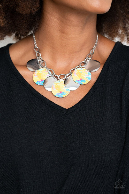 Tie Dye Drama - Yellow, Blue, & Pink Tie Dye Print Disc Paparazzi Necklace & matching earrings