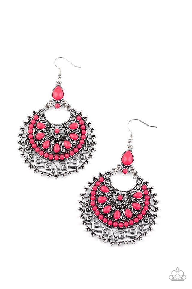 Laguna Leisure - Pink Beaded Silver Studded & Filigree Frame Paparazzi Earrings