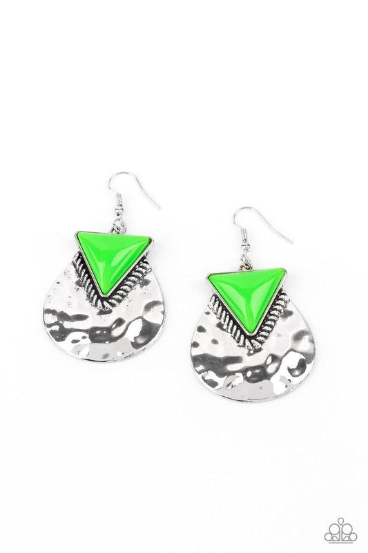 Road Trip Treasure - Green Triangular Beaded Hammered Silver Rustic Paparazzi Earrings