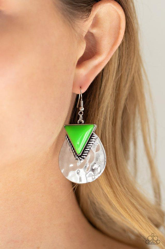 Road Trip Treasure - Green Triangular Beaded Hammered Silver Rustic Paparazzi Earrings