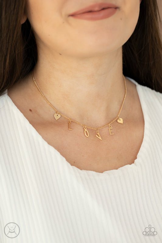 Love Conquers All - Gold "LOVE" Paparazzi Choker Necklace & matching earrings