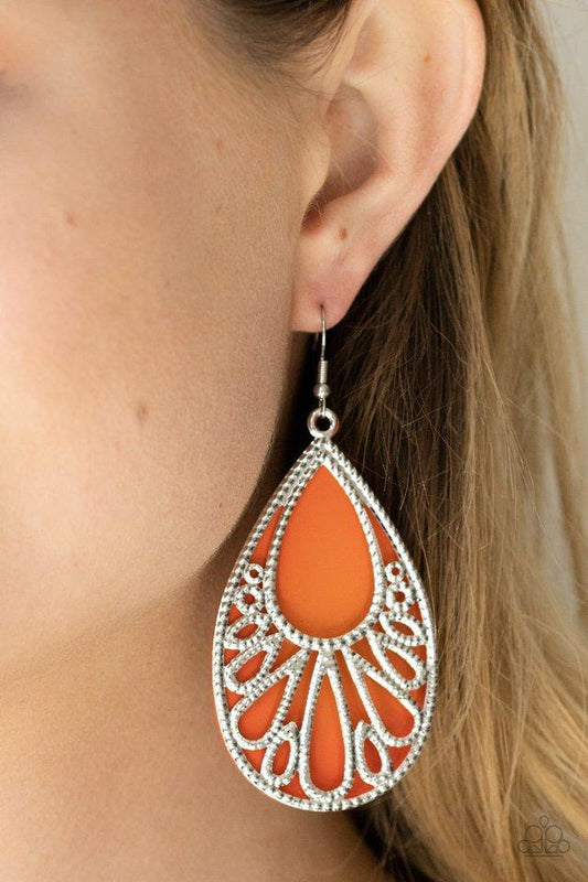Loud and Proud - Orange Acrylic Teardrop/ Studded Silver Filigree Overlay Paparazzi Earrings