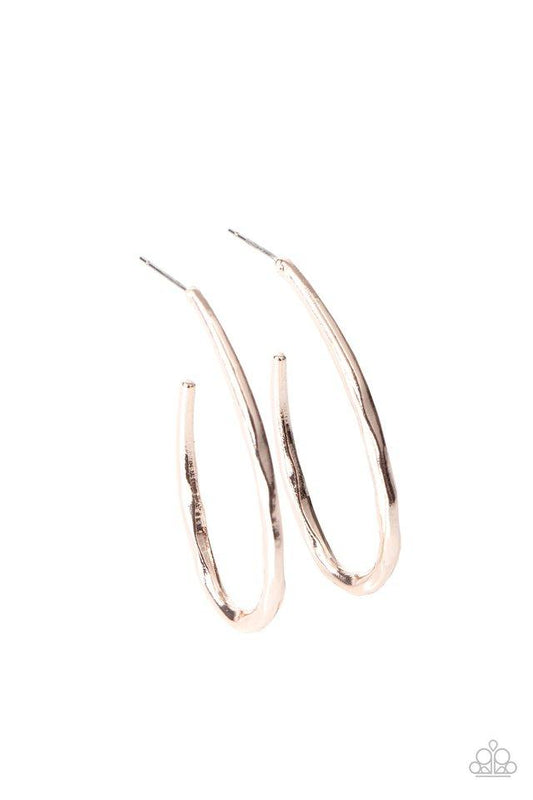 Totally Hooked - Rose Gold Asymmetrical Hook-Like Paparazzi Hoop Earrings