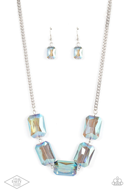Heard It On The HEIR-Waves - Blue Iridescent Emerald-Cut Gem Paparazzi Necklace & matching earrings