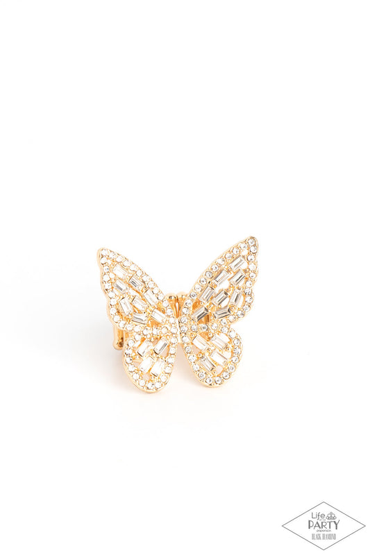 Flauntable Flutter - Gold & White Rhinestone Butterfly Paparazzi Ring