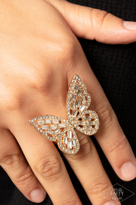 Flauntable Flutter - Gold & White Rhinestone Butterfly Paparazzi Ring