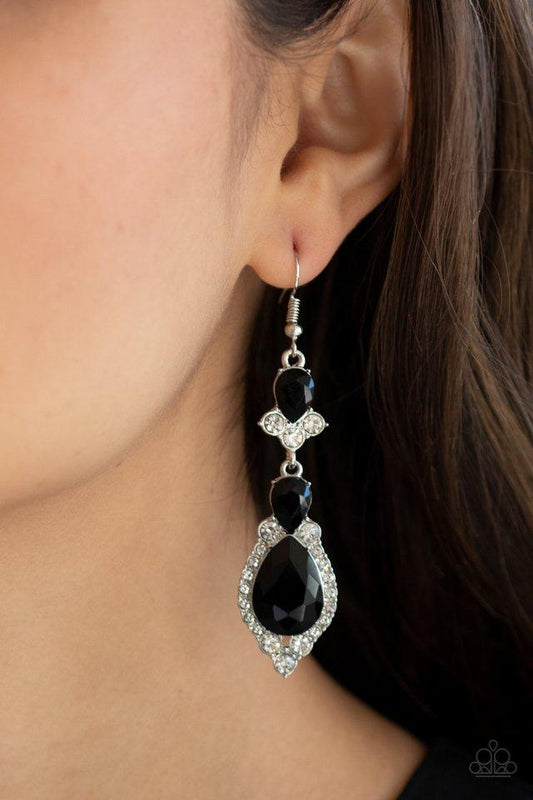 Fully Flauntable - Black Teardrop Rhinestones/White Rhinestone Encrusted Frame Paparazzi Earrings