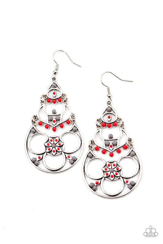 Garden Melody - Red & Gray Dainty Beads/Mismatched Airy Floral Frame Earrings