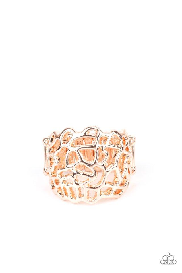 Get Your FRILL - Rose Gold Filigree Asymmetrical Stenciled Frame Paparazzi Ring