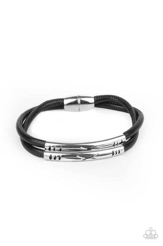 What a WANDER-ful World - Black Cord/Tribal Inspired Stenciled Silver Bar Magnetic Paparazzi Bracelet
