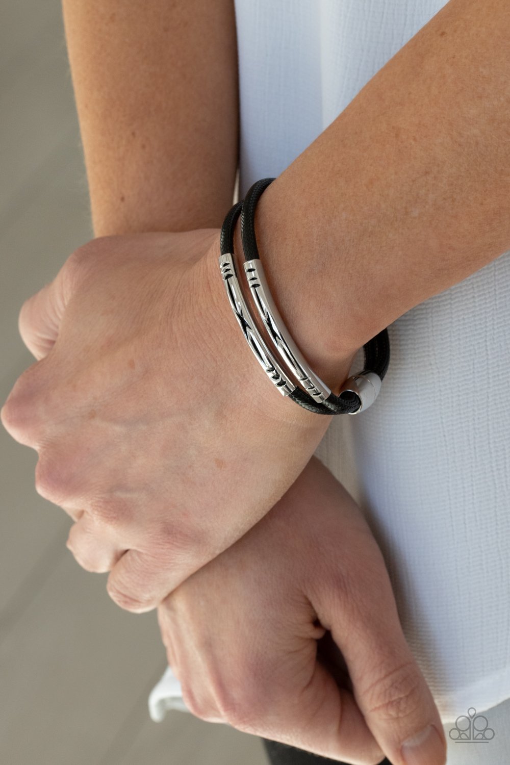 What a WANDER-ful World - Black Cord/Tribal Inspired Stenciled Silver Bar Magnetic Paparazzi Bracelet