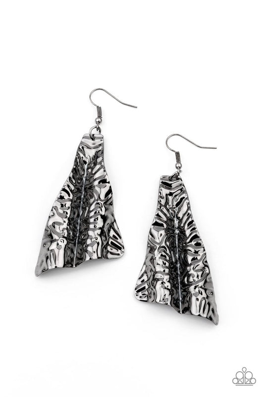 How FLARE You! - Gunmetal Embossed Flared Frame Rippling Effect Paparazzi Earrings