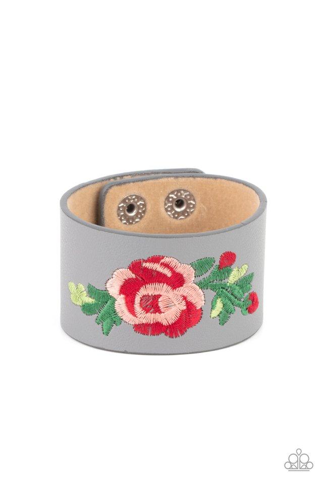 Rebel Rose - Silver Leather/Embroidered Rose Paparazzi Snap Bracelet