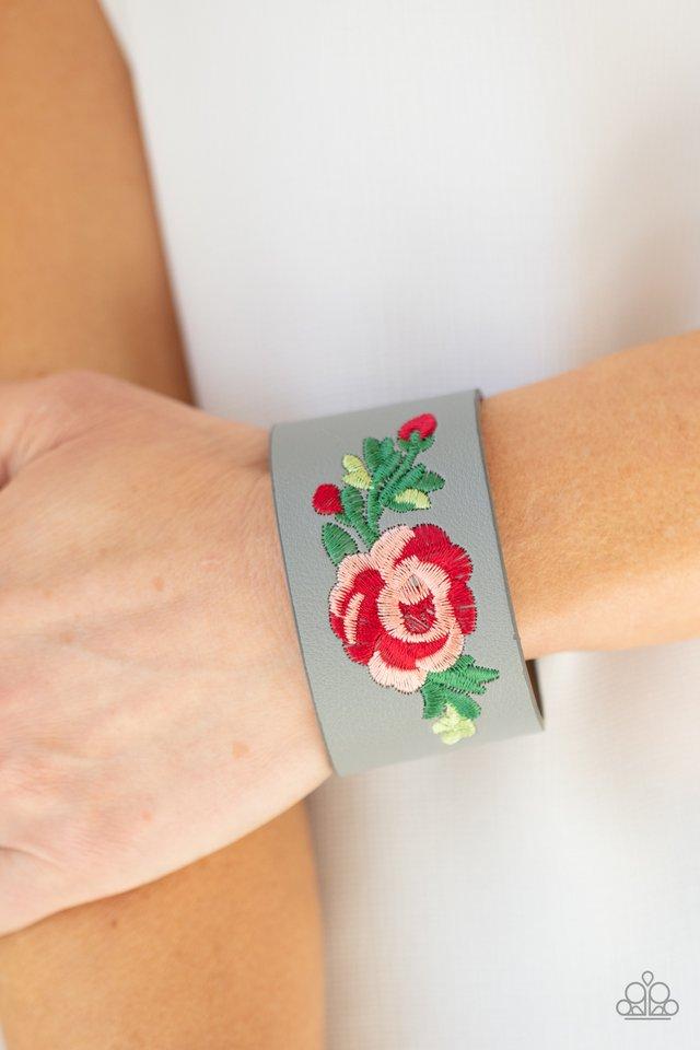 Rebel Rose - Silver Leather/Embroidered Rose Paparazzi Snap Bracelet