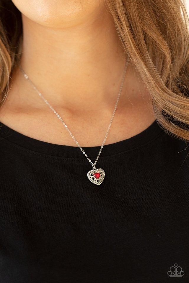 Treasures of the Heart - Red & White Rhinestone Encrusted Heart Pendant Paparazzi Necklace & matching earrings
