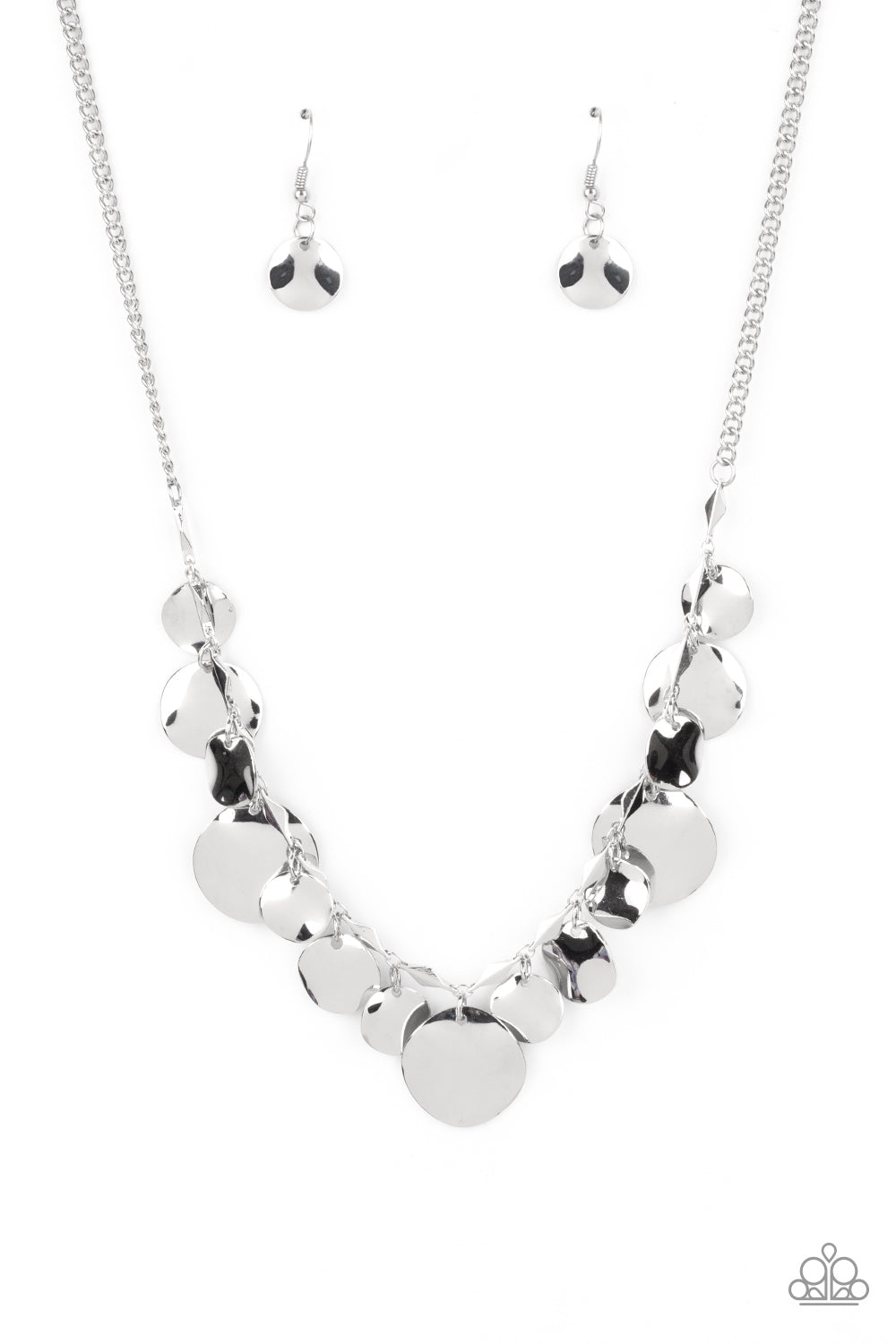 GLISTEN Closely - Silver Mismatched Hammered Disc Paparazzi Necklace & matching earrings