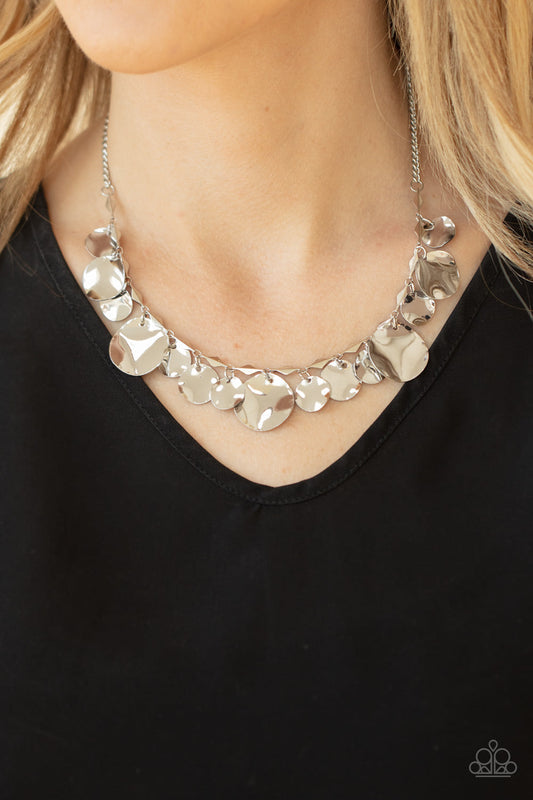 GLISTEN Closely - Silver Mismatched Hammered Disc Paparazzi Necklace & matching earrings