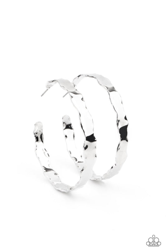 Exhilarated Edge - Silver Scalloped Edge Hammered Paparazzi Post Hoop Earrings