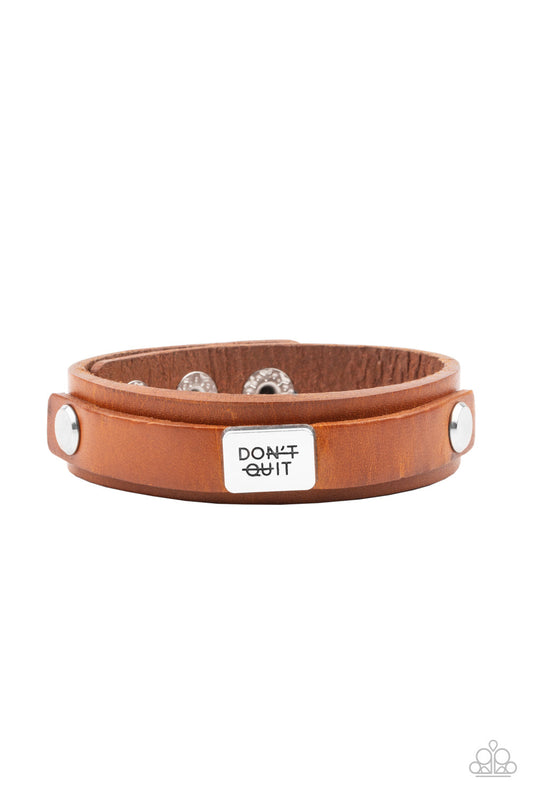 Don't Quit Now - Brown Leather Band & "Don't Quit" Silver Disc Paparazzi Men's Snap Bracelet