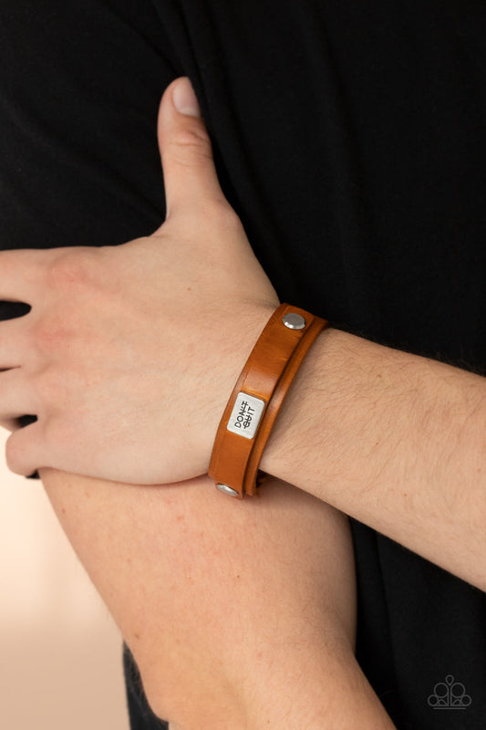 Don't Quit Now - Brown Leather Band & "Don't Quit" Silver Disc Paparazzi Men's Snap Bracelet