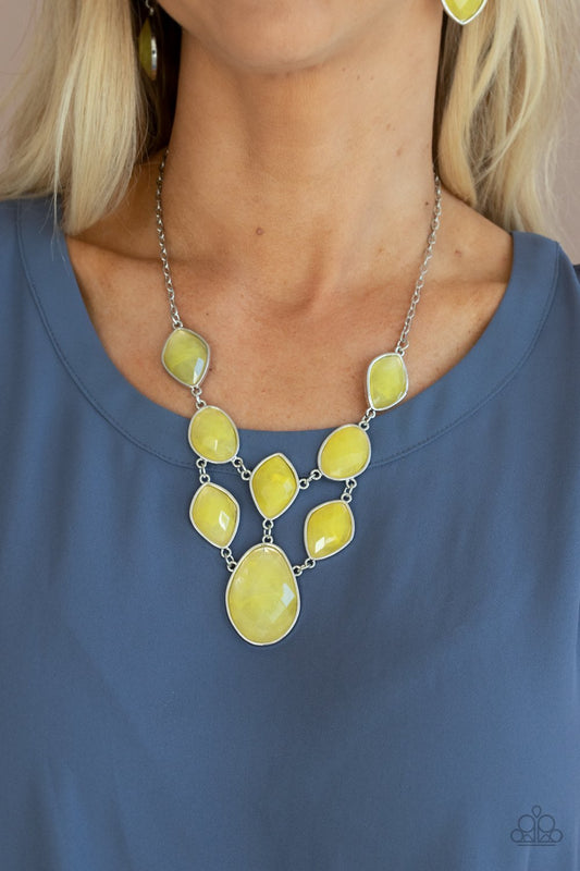 Opulently Oracle - Yellow Asymmetrical Cloudy Faux Stone Paparazzi Necklace & matching earrings