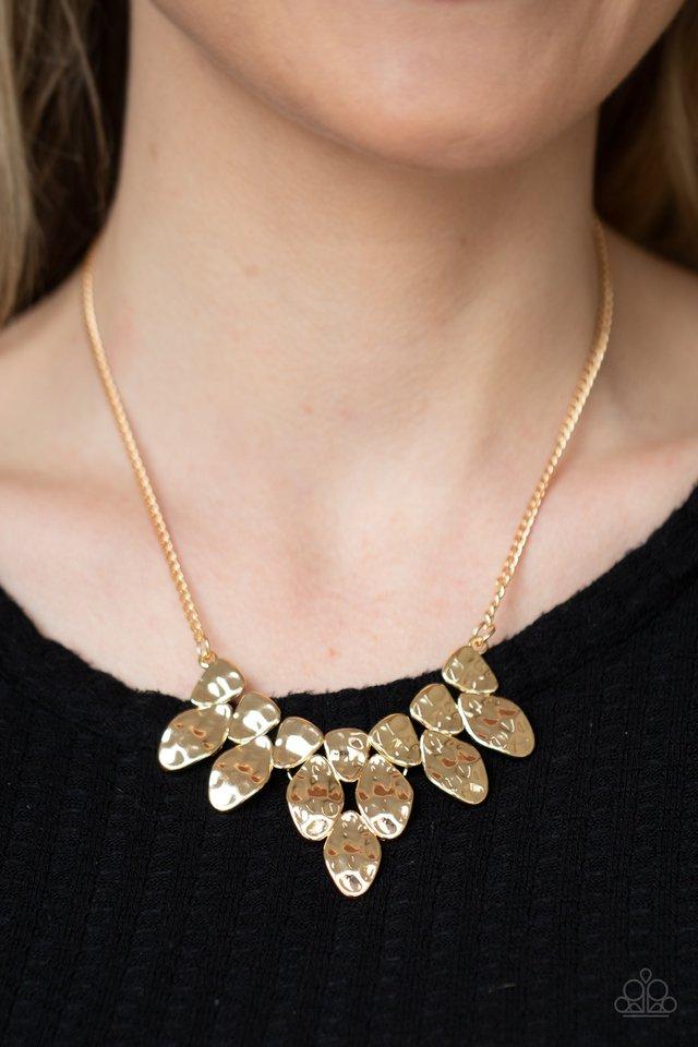 Rustic Smolder - Gold Asymmetrical Paparazzi Necklace & matching earrings
