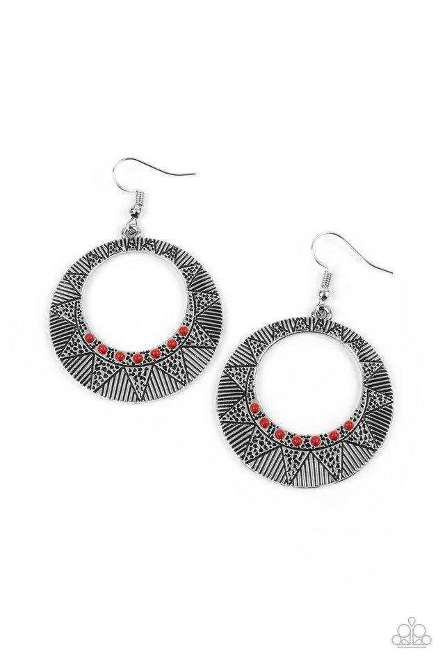 Adobe Dusk - Red Dainty Beaded Sunburst Pattern Paparazzi Earrings