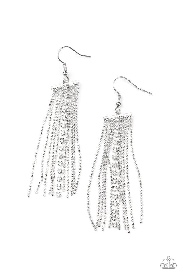 Another Day, Another DRAMA - White Rhinestone Tassel Paparazzi Earrings