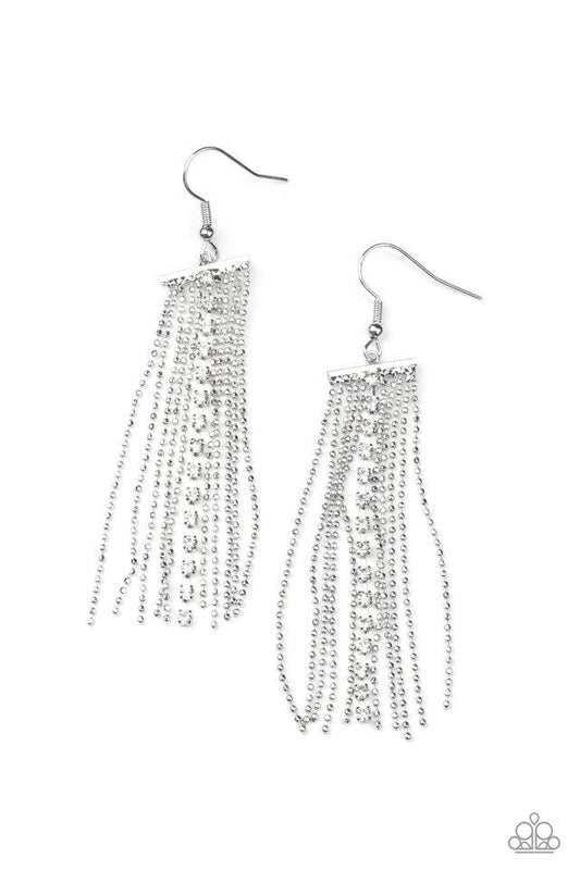 Another Day, Another DRAMA - White Rhinestone Tassel Paparazzi Earrings