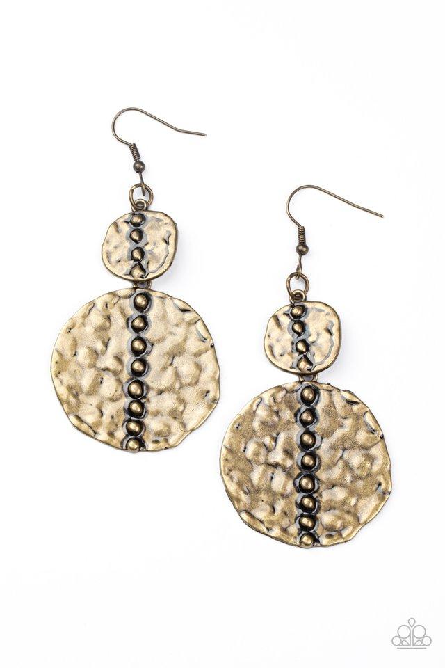 Metro Metalhead - Brass Embossed Asymmetrical Disc Paparazzi Earrings