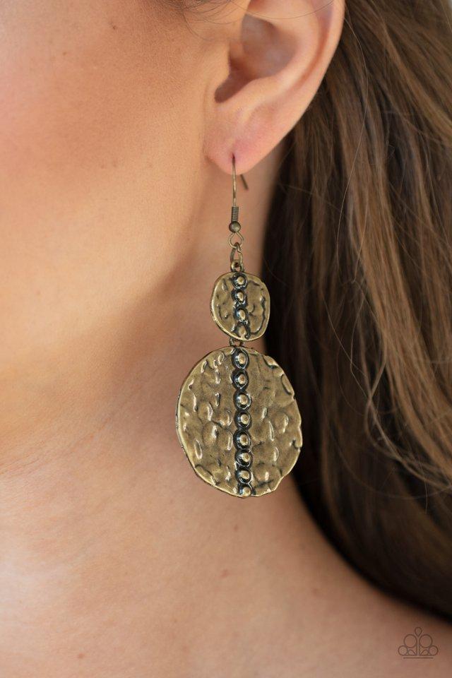 Metro Metalhead - Brass Embossed Asymmetrical Disc Paparazzi Earrings