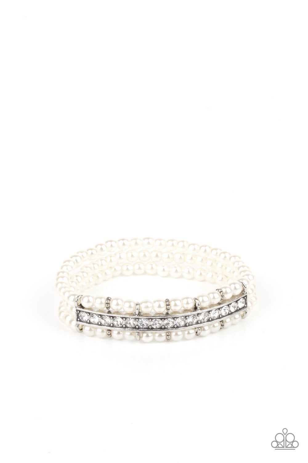Vintage Beam - White Pearls/White Rhinestone Encrusted Centerpiece Paparazzi Stretch Bracelet