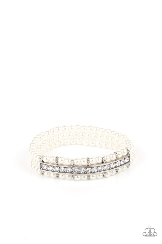 Vintage Beam - White Pearls/White Rhinestone Encrusted Centerpiece Paparazzi Stretch Bracelet