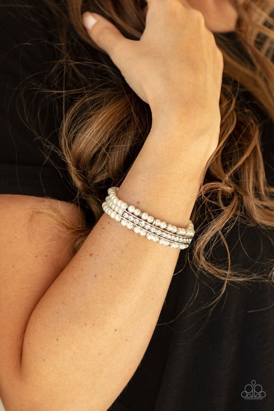 Vintage Beam - White Pearls/White Rhinestone Encrusted Centerpiece Paparazzi Stretch Bracelet