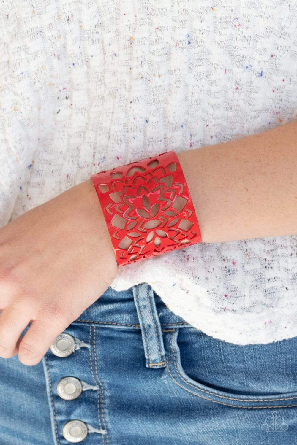 Hacienda Hotspot - Red Airy Floral Stenciled Paparazzi Cuff Bracelet