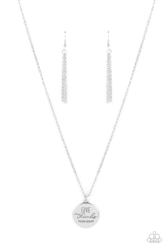 Give Thanks - Silver "Give Thanks" Stamped Pendant Paparazzi Necklace & matching earrings